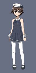 Rule 34 | 1girl, absurdres, adapted costume, arms at sides, bare arms, bare shoulders, black footwear, blue bow, blush, bow, brown eyes, brown hair, closed mouth, commentary request, dress, full body, grey background, hair between eyes, hat, highres, legs apart, looking at viewer, mary janes, miyafuji yoshika, pantyhose, purple background, sailor collar, sailor dress, sailor hat, shoes, short hair, simple background, sleeveless, sleeveless dress, solo, standing, strike witches, tokiani, white hat, white pantyhose, white sailor collar, world witches series, wrist cuffs