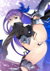 Rule 34 | 10s, 1girl, armor, blue eyes, crotch plate, fate/extra, fate/extra ccc, fate (series), greaves, hair ribbon, kicking, leg lift, long hair, long sleeves, meltryllis (fate), motion blur, navel, partially visible vulva, purple hair, ribbon, side ponytail, sleeves past wrists, solo, tachibana yuu, thighhighs, very long hair, wide sleeves