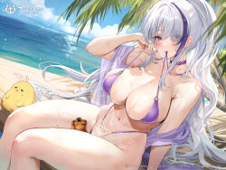 Rule 34 | 1girl, absurdres, azur lane, bare shoulders, between thighs, bikini, bird, blue sky, blurry, blurry foreground, blush, bottle, breasts, chick, cleavage, cloud, collarbone, copyright name, day, eyes visible through hair, floating hair, grey hair, hair between eyes, hair over one eye, highleg, highleg bikini, highres, hominamia, horizon, large breasts, long hair, looking at viewer, lotion, manjuu (azur lane), mouth hold, multicolored hair, o-ring, o-ring bikini, ocean, official alternate costume, official art, outdoors, palm leaf, purple bikini, see-through, skindentation, sky, soaking feet, streaked hair, sunscreen, swimsuit, thighs, unzen (azur lane), unzen (sojourn through clear seas) (azur lane), very long hair, water, wet