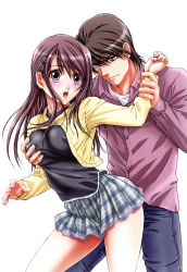 Rule 34 | 1boy, 1girl, grabbing another&#039;s breast, breasts, cardigan, couple, covered erect nipples, grabbing, hetero, highres, holding another&#039;s wrist, large breasts, miniskirt, nanno koto, plaid, plaid skirt, scared, school uniform, skirt