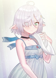 Rule 34 | 1girl, ahoge, bare shoulders, dress, elf, eyes visible through hair, green eyes, hair ornament, hair over one eye, hairclip, hat, highres, holding, holding clothes, holding hat, looking at viewer, original, pointy ears, short hair, silver hair, sleeveless, sleeveless dress, solo, subachi, unworn hat, unworn headwear, white hat