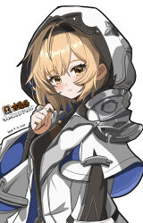 Rule 34 | 1girl, absurdres, black hairband, black headband, blonde hair, djeeta (granblue fantasy), fingerless gloves, gloves, granblue fantasy, hairband, headband, highres, honing seeker: nova, hood, hoodie, jacket, official alternate costume, single shoulder pad, solo, white background, white jacket, wide sleeves, yanapy