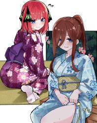 Rule 34 | 2girls, alternate costume, alternate hairstyle, black ribbon, blue eyes, blue kimono, blunt bangs, blush, brown hair, butterfly hair ornament, cherry blossom print, closed mouth, clothes lift, commentary, eyebrows hidden by hair, eyelashes, floral print, flying sweatdrops, frown, go-toubun no hanayome, hair ornament, hair over one eye, hair ribbon, highres, japanese clothes, kimono, kimono lift, lifting own clothes, long hair, long sleeves, looking at viewer, mame1645, medium hair, multiple girls, nakano miku, nakano nino, open mouth, pink hair, ponytail, purple kimono, ribbon, siblings, sidelocks, simple background, sisters, sitting, smile, sound effects, sweat, sweatdrop, tabi, twins, two side up, white background, wide sleeves, yukata