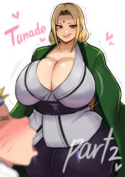 Rule 34 | 1boy, 1girl, absurdres, blonde hair, blush, breasts, brown eyes, cleavage, grin, highres, huge breasts, naruto, naruto (series), naruto shippuuden, plump, smile, standing, thick thighs, thighs, tsunade (naruto), zxcv (pixiv3783098)