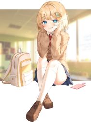 Rule 34 | 1girl, alternate costume, ass, bad id, bad pixiv id, bag, blonde hair, blue eyes, blurry, blurry background, blush, brown footwear, brown vest, collared shirt, commentary request, full body, grin, hair intakes, hair ornament, hands on own face, harusame (user wawj5773), hololive, hololive english, kneehighs, loafers, long sleeves, looking at viewer, medium hair, miniskirt, necktie, paddle, pleated skirt, school bag, school uniform, shirt, shoes, sitting, skirt, sleeves past wrists, smile, socks, solo, vest, virtual youtuber, watson amelia, white bag, white socks, window, yellow bag