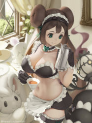 Rule 34 | 1girl, alternate costume, apron, bare arms, bikini, bow, bowtie, breasts, bridal garter, bright pupils, brown hair, chandelure, cinccino, cleavage, closed mouth, creatures (company), crop top, cup, curtains, day, double bun, drink, enmaided, flower, flower pot, frills, game freak, gen 5 pokemon, gloves, gothorita, green eyes, hair bun, hand up, holding, holding cup, holding teapot, indoors, large breasts, letdie1414, litwick, long hair, looking at another, maid, maid apron, maid bikini, maid headdress, microskirt, midriff, navel, nintendo, pokemon, pokemon (creature), pokemon bw2, rosa (pokemon), skirt, smile, spoon, standing, stomach, swimsuit, teapot, thigh strap, twintails, unconventional maid, very long hair, waist apron, watermark, web address, white pupils, window