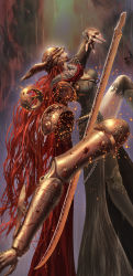 Rule 34 | 1girl, absurdres, armor, breasts, cape, closed mouth, covered eyes, disarming, dress, elden ring, eruthu, helmet, highres, holding, holding sword, holding weapon, long hair, malenia blade of miquella, mechanical arms, prosthesis, prosthetic arm, prosthetic leg, red cape, red hair, simple background, single mechanical arm, solo, sword, very long hair, weapon, winged helmet