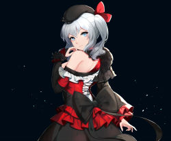 Rule 34 | 10s, 1girl, alternate costume, asymmetrical sleeves, back, bare shoulders, black background, black bow, black hat, bow, closed mouth, cowboy shot, cross-laced clothes, dress, frilled sleeves, frills, from behind, fur trim, grey eyes, hair ornament, hat, highres, kantai collection, kashima (kancolle), long hair, long sleeves, looking at viewer, looking back, silver hair, solo, twintails, uneven sleeves, wide sleeves, yingji (zszero)