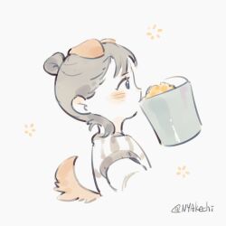 Rule 34 | 1girl, akechi (826988799), animal ears, animification, black hair, black shirt, blue eyes, blush, bucket, chibi, chinese commentary, dog ears, dog tail, exy (wjsn), food, from side, grey background, hair behind ear, hair bun, highres, k-pop, kemonomimi mode, medium hair, mouth hold, photo-referenced, popcorn, real life, shirt, single hair bun, solo, striped clothes, striped shirt, tail, twitter username, white shirt, wjsn