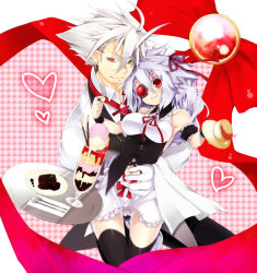 Rule 34 | 1boy, 1girl, alternate costume, arc system works, ascot, black thighhighs, blazblue, bow, breasts, chocolate, colored eyelashes, cup, eyepatch, food, fork, formal, green eyes, heart, heterochromia, long hair, maid, maid headdress, monocle, nu-13, parfait, ragna the bloodedge, red eyes, ribbon, smile, spiked hair, spoon, tea, teacup, thighhighs, tray, uzukinoko, vest, white hair