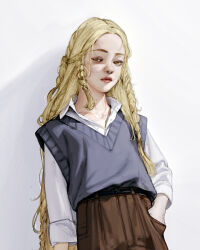 Rule 34 | 1boy, androgynous, atamagaitai, belt, black belt, blonde hair, blue sweater vest, braid, brown pants, contemporary, cropped arms, cropped legs, elden ring, fashion, hand in pocket, highres, long hair, looking at viewer, miquella (elden ring), multiple braids, nose piercing, nose ring, pants, piercing, shirt, sleeves rolled up, sweater vest, trap, very long hair, white shirt, yellow eyes