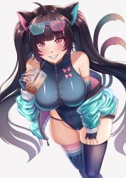 Rule 34 | 1girl, absurdres, ahoge, animal ear fluff, animal ears, aqua jacket, aqua nails, bare shoulders, black hair, black thighhighs, blue gloves, blue thighhighs, blush, bow, breasts, cat ears, cat tail, commentary, cup, disposable cup, drinking straw, english commentary, eyewear on head, fingerless gloves, fino ko, glasses, gloves, hand on own leg, hand up, highres, holding, holding cup, indie virtual youtuber, jacket, large breasts, long hair, looking at viewer, nail polish, nyana (vtuber), off shoulder, open clothes, open jacket, pink bow, pink eyes, simple background, skindentation, slit pupils, smile, solo, standing, tail, thighhighs, thighs, twintails, unzipped, very long hair, virtual youtuber, zipper
