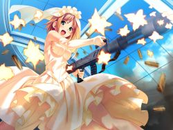 Rule 34 | &gt;:d, 10s, 1girl, :d, bare shoulders, blush, breasts, bridal veil, casing ejection, day, dress, elbow gloves, eyebrows, firing, from below, game cg, gatling gun, gloves, gown, green eyes, gun, highres, holding, holding gun, holding weapon, indoors, koutaro, legs apart, looking at viewer, medium breasts, minazuki izumi, motion blur, open mouth, orange hair, petticoat, shell casing, short hair, sideboob, sky, skylight, smile, solo, strapless, strapless dress, tropical kiss, two-handed, v-shaped eyebrows, veil, weapon, wedding dress, white gloves, yellow dress