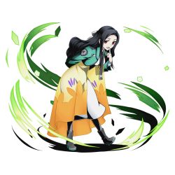 Rule 34 | 10s, 1girl, arm behind back, black footwear, black hair, boots, divine gate, dress, finger to mouth, full body, green jacket, hair ribbon, high heels, index finger raised, jacket, leaning forward, long hair, looking at viewer, mahouka koukou no rettousei, official art, open mouth, red eyes, ribbon, saegusa mayumi, see-through, shadow, solo, standing, transparent background, ucmm, white dress, white ribbon