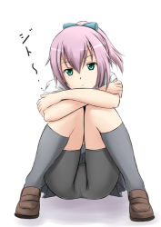 Rule 34 | 10s, 1girl, clothes lift, expressionless, fuuma nagi, green eyes, hugging own legs, kantai collection, looking at viewer, purple hair, shiranui (kancolle), short hair, simple background, skirt, skirt lift, socks, solo, staring, thighs, white background