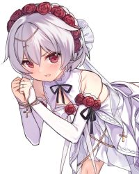 Rule 34 | 1girl, arrow cross, bad id, bad pixiv id, bare shoulders, black ribbon, blush, bound, bound wrists, collarbone, commentary request, cross, detached sleeves, dress, flower, hair between eyes, hair flower, hair ornament, honkai (series), honkai impact 3rd, jewelry, leaning forward, long sleeves, looking at viewer, neck ribbon, own hands together, red eyes, red flower, red rose, ribbon, ring, rose, short hair, silver hair, simple background, sleeves past wrists, solo, strapless, strapless dress, tama (tamatamo), theresa apocalypse, theresa apocalypse (luna kindred), wedding band, white background, white dress, white sleeves