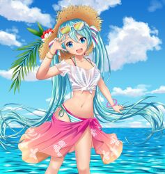 Rule 34 | 1girl, :d, aqua bikini, aqua eyes, aqua hair, aqua nails, bikini, bracelet, breasts, cleavage, cloud, collarbone, commentary request, day, flower, flower hat, goggles, goggles on head, hair ribbon, hamano (hamafino), hand up, hat, hatsune miku, highres, horizon, jewelry, long hair, looking at viewer, nail polish, navel, ocean, open mouth, outdoors, palm leaf, pink sarong, racing miku, racing miku (2021), red flower, ribbon, see-through, see-through shirt, shirt, short sleeves, side-tie bikini bottom, sky, small breasts, smile, solo, standing, stomach, straw hat, string bikini, striped bikini, striped clothes, summer, sun hat, swimsuit, tied shirt, twintails, very long hair, vocaloid, w, water, white shirt