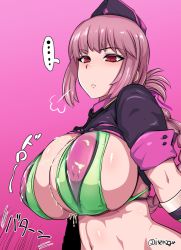 Rule 34 | ..., 1girl, puff of air, after paizuri, bikini, blush, braid, breasts, closed mouth, cum, cum on body, cum on breasts, cum on upper body, fate/grand order, fate (series), florence nightingale (fate), florence nightingale (trick or treatment) (fate), gloves, green gloves, hat, highres, isemagu, large breasts, long hair, navel, official alternate costume, paizuri, pink hair, red eyes, revealing clothes, shrug (clothing), solo, spoken ellipsis, stomach, swimsuit, twitter username, upper body