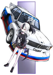 Rule 34 | bag, bare legs, bat wings, black hair, blue archive, bmw, car, checkered clothes, checkered skirt, choker, halo, hands in pockets, highres, hood, hoodie, horns, kayoko (blue archive), low wings, motor vehicle, multicolored hair, shoes, skirt, vehicle, white hair, wings