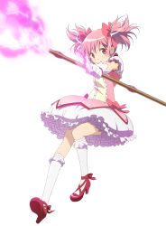 Rule 34 | &gt;:o, 10s, 1girl, :o, absurdres, aiming, aiming at viewer, bow (weapon), bubble skirt, buttons, choker, drawing bow, dress shirt, firing, frilled skirt, frills, full body, gloves, hair ribbon, high heels, highres, holding, holding bow (weapon), holding weapon, kaname madoka, kneehighs, looking at viewer, magic, magical girl, mahou shoujo madoka magica, mahou shoujo madoka magica (anime), mary janes, official art, parted lips, pink eyes, pink hair, ribbon, serious, shirt, shoes, short hair, short twintails, simple background, skirt, socks, solo, twintails, v-shaped eyebrows, weapon, white background, white gloves, white skirt