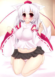 Rule 34 | 1girl, animal ears, belly, blush, breasts, detached sleeves, female focus, gradient background, hat, highres, inubashiri momiji, large breasts, looking at viewer, mimikaki, navel, panties, plump, red eyes, seiza, sitting, smile, solo, striped clothes, striped panties, tail, tamano nae, tokin hat, touhou, underwear, white hair, wolf ears, wolf tail