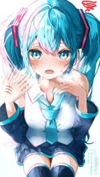 Rule 34 | bare shoulders, black skirt, black sleeves, black thighhighs, blue eyes, blue hair, blue nails, blush, collared shirt, cowboy shot, crossed bangs, detached sleeves, fanning face, hair between eyes, hair ornament, hatsune miku, highres, legs together, long hair, long sleeves, looking at viewer, miniskirt, nail polish, open mouth, pleated skirt, shirt, shirubaa, sidelighting, sidelocks, signature, simple background, skirt, sleeveless, sleeveless shirt, squiggle, straight-on, sweat, thighhighs, twintails, vocaloid, watermark, white background, white shirt, zettai ryouiki