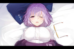 Rule 34 | 10s, 1girl, bed sheet, blush, bow, bowtie, breasts, commentary request, unworn eyewear, gridman universe, hair between eyes, large breasts, letterboxed, looking at viewer, lying, meth (emethmeth), on back, one eye closed, open mouth, pillow, pink eyes, purple bow, purple bowtie, purple hair, shinjou akane, shirt, short hair, solo, ssss.gridman, white shirt