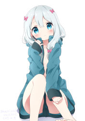 Rule 34 | 1girl, blue eyes, blush, bow, breasts, closed eyes, coat, collarbone, dated, eromanga sensei, hair bow, head tilt, highres, holding, izumi sagiri, jacket, long hair, looking at viewer, low-tied long hair, naked coat, neki (wakiko), open clothes, open jacket, pink bow, shadow, silver hair, sitting, sleeves past wrists, small breasts, solo, stylus, tareme, toes, twitter username, white background