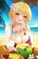 Rule 34 | 1girl, :d, artist name, banana, beach, bead bracelet, beads, bikini, black bikini, blonde hair, blue sky, blush, bracelet, breasts, cleavage, cloud, day, flower, food, fruit, fukuro daizi, genshin impact, hair flower, hair ornament, highres, holding, holding spoon, jewelry, large breasts, looking at viewer, lumine (genshin impact), necklace, ocean, open mouth, outdoors, palm tree, pineapple, pineapple slice, sand, short hair, signature, sky, smile, solo, spoon, swimsuit, table, teeth, tree, wooden table, yellow eyes
