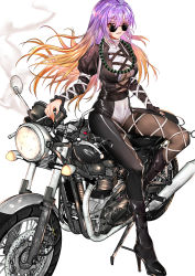 Rule 34 | 1girl, absurdres, adapted costume, alternate costume, arisu (wangyunqiu), bead necklace, beads, bespectacled, between fingers, biker clothes, bikesuit, black bodysuit, black footwear, blonde hair, bodysuit, boot straps, boots, breasts, broken, brown hair, cigarette, cross-laced clothes, full body, glasses, gradient hair, grin, high heel boots, high heels, highres, hijiri byakuren, holding, jewelry, juliet sleeves, knee boots, large breasts, long hair, long sleeves, looking at viewer, looking over eyewear, looking over glasses, motor vehicle, motorcycle, multicolored bodysuit, multicolored clothes, multicolored hair, necklace, parted lips, prayer beads, puffy sleeves, purple hair, red-framed eyewear, see-through, see-through bodysuit, shiny clothes, shiny skin, side-view mirror, sidelocks, simple background, sitting, sitting on object, smile, smoke, smoking, solo, sunglasses, thighs, tinted eyewear, touhou, turtleneck, white background, white bodysuit, wind, yellow eyes