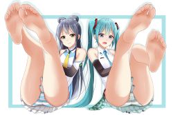 Rule 34 | 2girls, barefoot, blue eyes, blue hair, blush, devil fish, feet, green eyes, hatsune miku, legs up, long hair, looking at viewer, luo tianyi, multiple girls, open mouth, panties, pantyshot, parted lips, pov, soles, striped clothes, striped panties, toes, twintails, underwear, vocaloid, vocanese