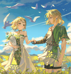 Rule 34 | 1boy, 1girl, absurdres, al guang, archaic set (zelda), bird, blonde hair, blue eyes, blue sky, bouquet, circlet, cloud, commentary request, day, dress, earrings, eye contact, flower, grasslands, green eyes, green tunic, highres, holding, holding bouquet, holding hands, jewelry, link, looking at another, mountainous horizon, necklace, nintendo, official alternate costume, outdoors, parted bangs, pointy ears, princess zelda, short hair, single bare shoulder, sky, smile, standing, strapless, strapless dress, teardrop facial mark, the legend of zelda, the legend of zelda: tears of the kingdom, white bird, white dress
