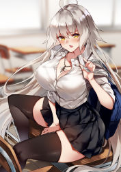 Rule 34 | 1girl, :o, ahoge, alternate costume, bag, between legs, blurry, blurry background, breasts, classroom, cleavage, collared shirt, desk, dress shirt, fate/grand order, fate (series), hand between legs, highres, indoors, jeanne d&#039;arc (fate), jeanne d&#039;arc alter (avenger) (fate), jeanne d&#039;arc alter (fate), jewelry, ken (coffee michikusa), large breasts, long hair, looking at viewer, necklace, open mouth, school bag, school desk, shirt, silver hair, sitting, thighhighs, thighs, very long hair, white shirt, window, yellow eyes