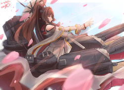 Rule 34 | 1girl, absurdres, brown eyes, brown hair, cannon, cherry blossoms, coat, collar, commentary request, hair intakes, highres, kantai collection, long hair, machinery, metal collar, oil-paper umbrella, ponytail, saamon (salmonkomaku), sidelocks, signature, solo, turret, umbrella, upper body, very long hair, white coat, yamato (kancolle), yamato kai ni (kancolle)