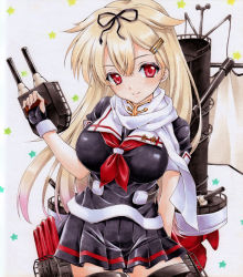 Rule 34 | 10s, 1girl, blonde hair, breasts, cannon, contrapposto, fingerless gloves, fingernails, gloves, hair flaps, hair ribbon, kantai collection, large breasts, long hair, looking at viewer, marker (medium), red eyes, ren (endscape20), ribbon, school uniform, serafuku, simple background, smile, solo, standing, torpedo, traditional media, yuudachi (kancolle), yuudachi kai ni (kancolle)