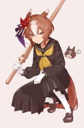 Rule 34 | !, 2girls, puff of air, alternate costume, animal ears, bamboo memory (umamusume), black shirt, black skirt, brown eyes, brown footwear, brown hair, chibi, chibi inset, closed mouth, gloves, highres, holding, holding sword, holding weapon, horse ears, horse girl, horse tail, loafers, long sleeves, looking at viewer, multicolored hair, multiple girls, nanaheibei 3, neckerchief, on one knee, pinwheel hair ornament, sailor collar, school uniform, shinai, shirt, shoes, short hair, simple background, skirt, solo focus, spoken exclamation mark, sword, tail, thighhighs, two-tone hair, umamusume, weapon, white gloves, white thighhighs, yaeno muteki (umamusume), yellow neckerchief