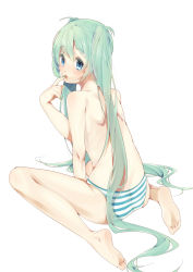 Rule 34 | 1girl, 85, aqua eyes, arm support, artistic error, back, barefoot, blush, feet, finger to mouth, full body, green hair, hatsune miku, highres, lips, long hair, looking back, open mouth, panties, panties only, shoulder pads, simple background, sitting, soles, solo, striped clothes, striped panties, toes, topless, twintails, underwear, underwear only, very long hair, vocaloid, wariza
