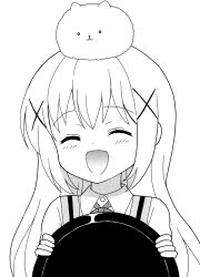Rule 34 | 1girl, :3, :d, ^ ^, angora rabbit, animal, animal on head, apron, blush, bow, buttons, circlefir, closed eyes, closed mouth, collared shirt, facing viewer, gochuumon wa usagi desu ka?, greyscale, hair ornament, hands up, highres, holding, holding tray, kafuu chino, long hair, long sleeves, looking at viewer, monochrome, on head, open mouth, rabbit, rabbit house uniform, rabbit on head, shirt, sidelocks, simple background, smile, solo focus, stippling (texture), straight hair, tippy (gochiusa), tray, upper body, vest, white background, white shirt, x hair ornament