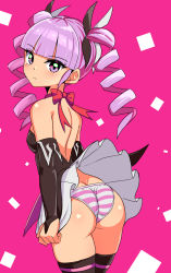 Rule 34 | 1girl, alternate costume, alternate hairstyle, ass, bare shoulders, blush, breasts, bridal gauntlets, butt crack, cougar (cougar1404), dress, drill hair, from behind, frown, hair ribbon, highres, long hair, looking at viewer, miniskirt, panties, pink background, purple eyes, purple hair, ribbon, shiny clothes, shiny skin, sideboob, skirt, skirt tug, solo, sophie (tales), striped clothes, striped panties, tales of (series), tales of graces, thighhighs, twin drills, underwear, wedgie