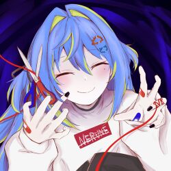 Rule 34 | 1girl, bandaid, bandaid on hand, black background, black nails, blue hair, blush, closed mouth, commentary request, green hair, hair between eyes, hair intakes, hair ornament, hairclip, highres, holding, holding scissors, long bangs, long hair, long sleeves, mole, mole under eye, multicolored hair, nanashi inc., official alternate costume, purple background, salmon231, scissors, smile, solo, suzumi nemo, suzumi nemo (2nd costume), sweater, two-tone hair, upper body, virtual youtuber, white sweater