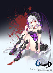 Rule 34 | 1girl, armband, bad id, bad pixiv id, bare shoulders, bat wings, blood, blood splatter, boots, bow, breasts, cleavage, collar, demon girl, frills, hairband, highres, hime cut, ice (ice aptx), large breasts, lolita hairband, long hair, panties, pantyshot, red eyes, silver hair, sitting, solo, demon girl, underwear, unleashed, very long hair, white panties, wings