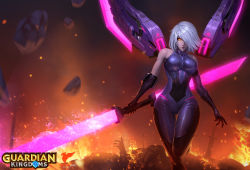 Rule 34 | 1girl, asymmetrical gloves, bare shoulders, blurry, blurry background, bodysuit, breasts, commentary, elbow gloves, english commentary, fire, gloves, glowing, glowing weapon, guardian kingdoms, hair over one eye, holding, holding weapon, large breasts, logo, looking at viewer, mechanical wings, orange eyes, purple bodysuit, raikoart, short hair, silver hair, sleeveless, solo, uneven gloves, walking, weapon, wings