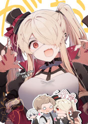 Rule 34 | 1girl, 2boys, biting arm, black headwear, blonde hair, blush, breasts, claw pose, ear piercing, edel (ikeuchi tanuma), embarrassed, eyepatch, fingernails, hair over one eye, halloween, hat, highres, ikeuchi tanuma, large breasts, long fingernails, long hair, looking at viewer, mini hat, mini top hat, multiple boys, nail polish, one eye covered, open mouth, original, piercing, projected inset, red eyes, red nails, rudy (ikeuchi tanuma), solo focus, top hat, twintails, wide-eyed