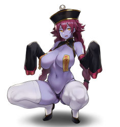 Rule 34 | 1girl, bare shoulders, black footwear, black panties, blue skin, braid, breastless clothes, breasts, cameltoe, chinese clothes, cleft of venus, colored skin, commentary, drooling, full body, hair between eyes, hat, highres, houtengeki, jiangshi, large breasts, long hair, looking at viewer, mouth drool, navel, ofuda, open mouth, original, panties, purple skin, qingdai guanmao, red hair, red pupils, shoes, simple background, sleeves past fingers, sleeves past wrists, solo, squatting, symbol-only commentary, thighhighs, tiptoes, twin braids, undead, underwear, very long hair, very long sleeves, white background, white thighhighs, yellow eyes