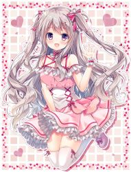 Rule 34 | 1girl, :d, bare shoulders, blush, bow, breasts, brown eyes, brown hair, commentary request, dress, fingernails, frilled dress, frills, full body, hair between eyes, hair bow, hair ornament, hairclip, hand up, heart, long hair, looking at viewer, mizuki yuuma, nail polish, open mouth, original, pink dress, pink footwear, pleated dress, purple nails, red bow, shoes, sidelocks, small breasts, smile, solo, striped, striped bow, thighhighs, two side up, very long hair, white thighhighs, wrist cuffs