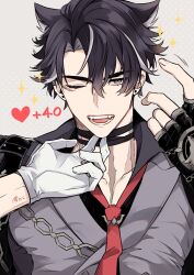 1boy 1other bandaged_neck bandages black_shirt blue_eyes chain collared_shirt commentary_request ear_piercing earrings facial_scar fangs fingerless_gloves genshin_impact gloves grey_background grey_vest hair_between_eyes hand_on_another&#039;s_chin hand_up heart highres jewelry lapels looking_at_viewer male_focus multicolored_hair necktie one_eye_closed open_mouth parted_bangs piercing polka_dot polka_dot_background red_necktie scar scar_on_cheek scar_on_face scar_on_neck shirt short_hair simple_background solo_focus sparkle streaked_hair stud_earrings tanuki_nishi teeth tongue vest white_gloves wriothesley_(genshin_impact)