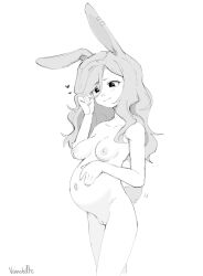 Rule 34 | 1girl, animal ears, belly, breasts, cleft of venus, commentary, commission, commissioner upload, completely nude, cowboy shot, earrings, english commentary, hair lift, hand in own hair, hand on own stomach, heart, highres, jarael (rayer), jewelry, light smile, medium breasts, monochrome, motherly, navel, nude, original, outie navel, pregnant, rabbit ears, rabbit girl, rabbit tail, sketch, solo, spread navel, tail, tail wagging, thighs, vanabette