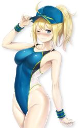 Rule 34 | 1girl, ahoge, akita hika, arched back, artoria pendragon (fate), bad id, bad twitter id, baseball cap, blonde hair, blue eyes, blue hat, blue one-piece swimsuit, blue wristband, breasts, collarbone, competition swimsuit, cowboy shot, fate/grand order, fate (series), hair through headwear, hat, highleg, highleg swimsuit, highres, looking at viewer, medium breasts, multicolored clothes, multicolored swimsuit, mysterious heroine xx (fate), one-piece swimsuit, one eye closed, parted lips, ponytail, simple background, solo, swimsuit, white background, wristband