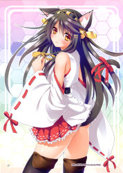 Rule 34 | 10s, 1girl, absurdres, animal ears, bad id, baltika, bare shoulders, black hair, boots, brown eyes, cat ears, cat tail, detached sleeves, hair ornament, hairband, hairclip, haruna (kancolle), highres, honeycomb background, honeycomb pattern, japanese clothes, kantai collection, long hair, personification, ribbon, ribbon-trimmed sleeves, ribbon trim, tail, tears, thigh boots, thighhighs