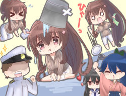 Rule 34 | &gt; &lt;, 1boy, 3girls, admiral (kancolle), black hair, brown hair, clumsy, commentary request, dojikko, flower, hair flower, hair ornament, hakama, hakama skirt, hat, headgear, high ponytail, highres, houshou (kancolle), japanese clothes, kantai collection, long hair, mibo91c, military, military hat, military uniform, multiple girls, naval uniform, peaked cap, ponytail, red eyes, school uniform, serafuku, skirt, sparkle, tasuki, uniform, very long hair, yahagi (kancolle), yamato (kancolle)